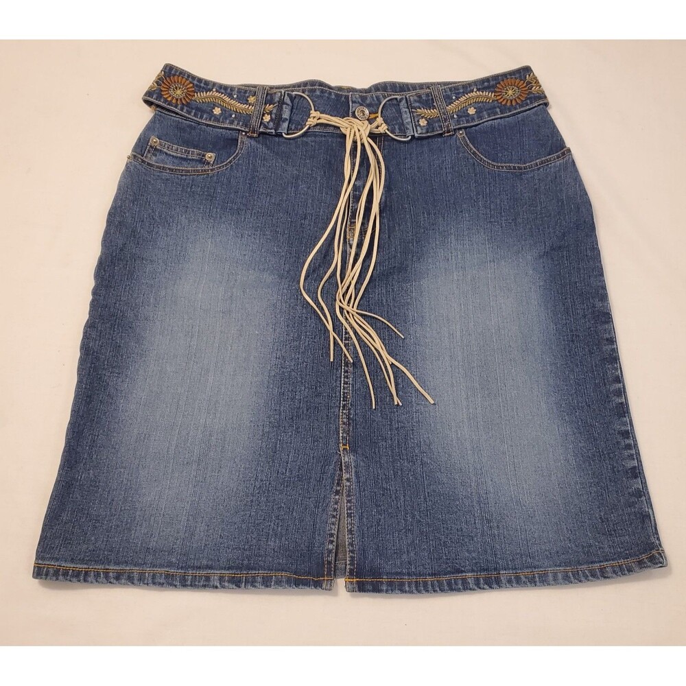 Vtg Route 66 Denim Embroidered Flower Belted Knee Length Skirt Sz 12 Distressed